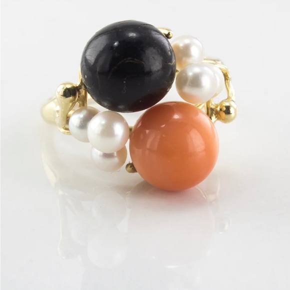 Vintage Cocktail ring - Pearl, Coral, and Onyx, 14 K gold - Picture 2 of 2